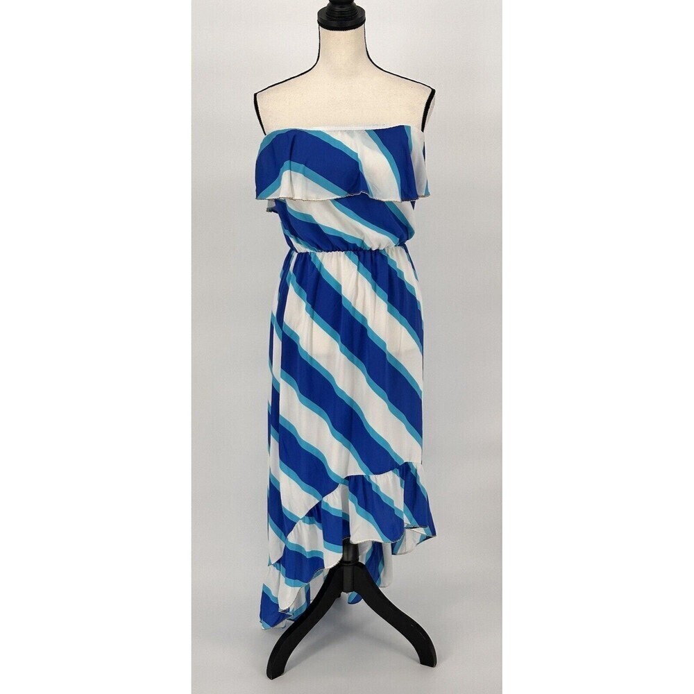 Lilly Pulitzer Blue and White Strapless Ruffle High-Low Maxi Dress